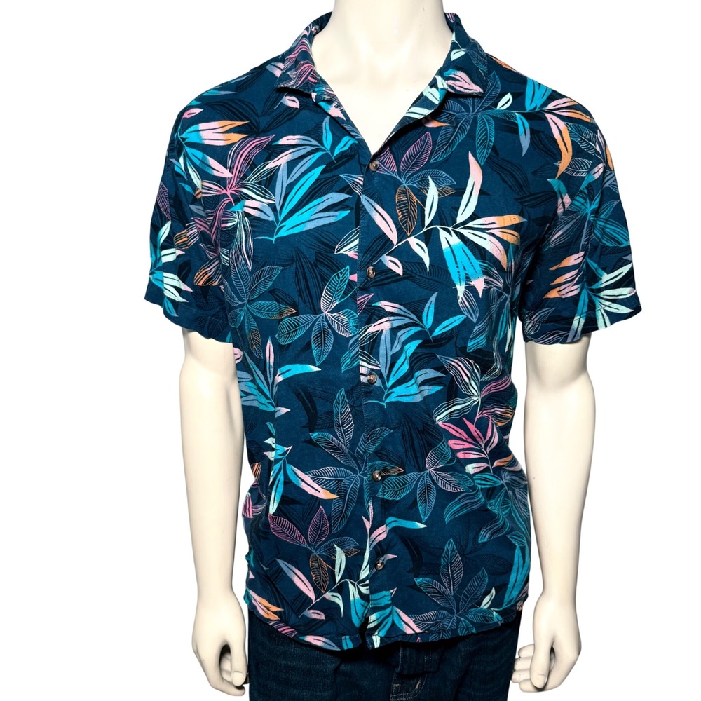 Old Navy Camp Collar Shirt Mens L Navy Blue Floral Tropical Short Sleeve